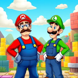 A whimsical crossover scene featuring two iconic characters: Walter White dressed as Mario, complete with a red hat, blue overalls, and a mustache, standing confidently with a determined expression