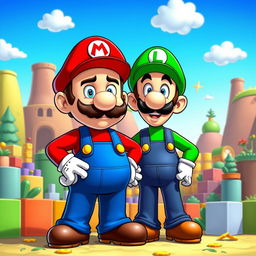 A whimsical crossover scene featuring two iconic characters: Walter White dressed as Mario, complete with a red hat, blue overalls, and a mustache, standing confidently with a determined expression