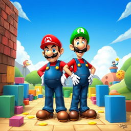 A whimsical crossover scene featuring two iconic characters: Walter White dressed as Mario, complete with a red hat, blue overalls, and a mustache, standing confidently with a determined expression