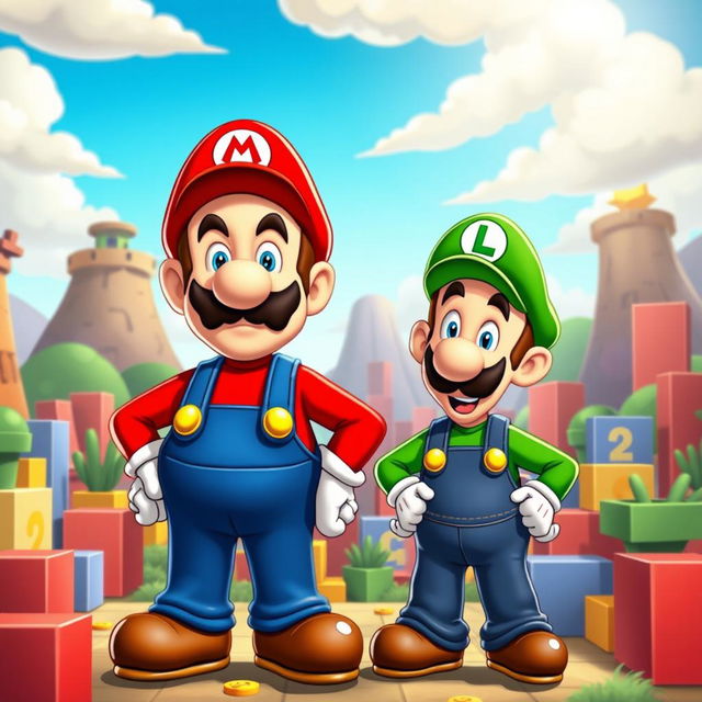 A whimsical crossover scene featuring two iconic characters: Walter White dressed as Mario, complete with a red hat, blue overalls, and a mustache, standing confidently with a determined expression