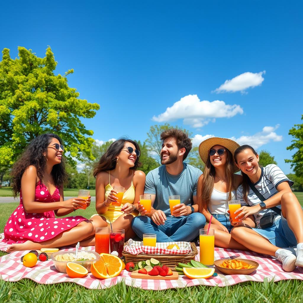 A group of diverse friends enjoying a sunny day at a park