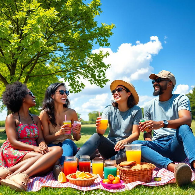 A group of diverse friends enjoying a sunny day at a park