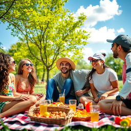 A group of diverse friends enjoying a sunny day at a park