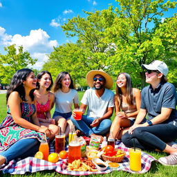 A group of diverse friends enjoying a sunny day at a park