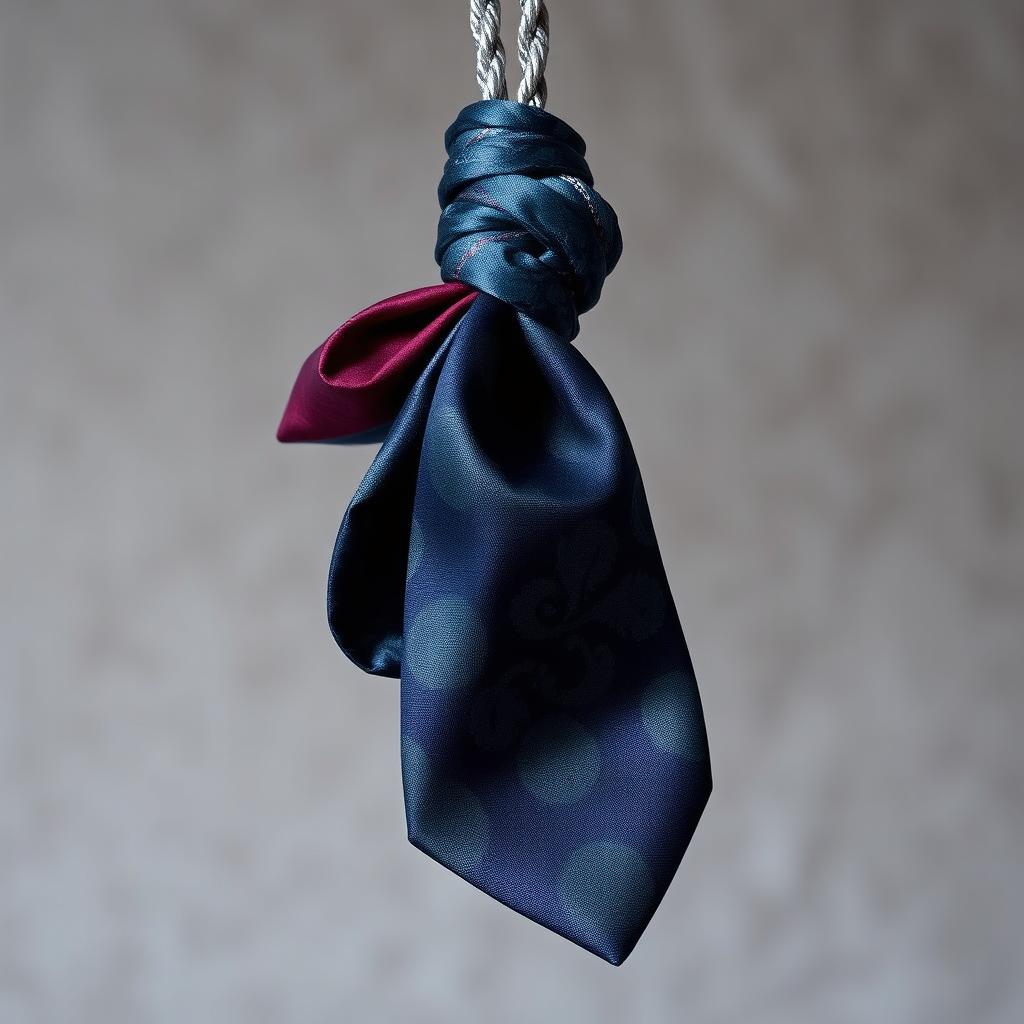 A noose made of fabric designed to resemble a tie, showcasing intricate patterns and textures typical of a formal tie, draping elegantly in a stylish manner