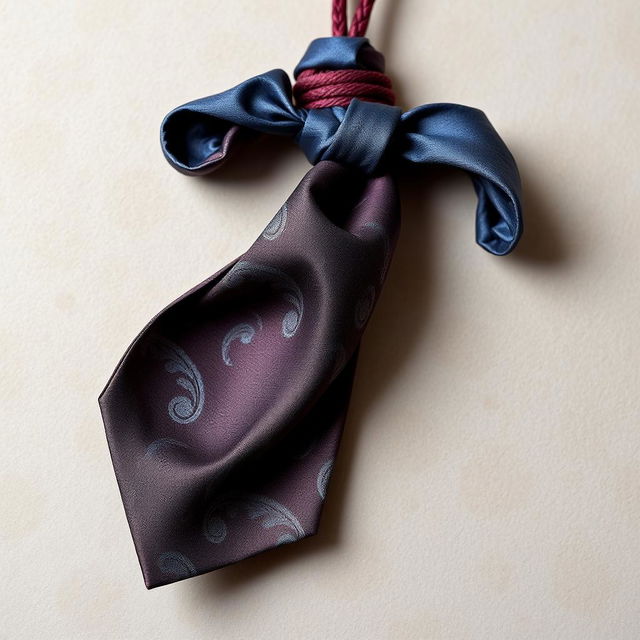 A noose made of fabric designed to resemble a tie, showcasing intricate patterns and textures typical of a formal tie, draping elegantly in a stylish manner