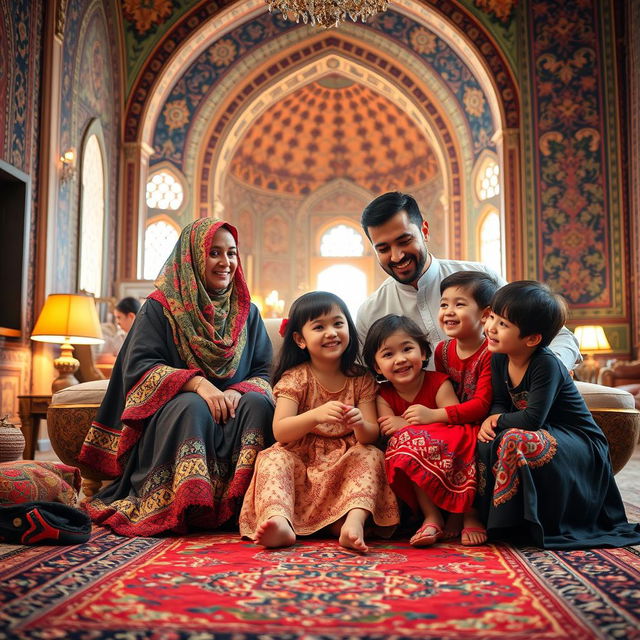 A stunning and vibrant scene of an Iranian family from Isfahan, showcasing traditional attire and cultural elements