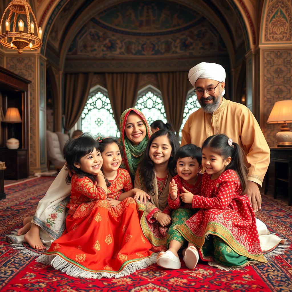 A stunning and vibrant scene of an Iranian family from Isfahan, showcasing traditional attire and cultural elements