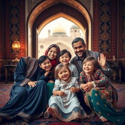 A stunning and vibrant scene of an Iranian family from Isfahan, showcasing traditional attire and cultural elements