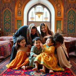 A stunning and vibrant scene of an Iranian family from Isfahan, showcasing traditional attire and cultural elements