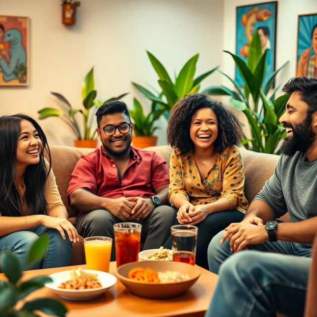 A vibrant gathering of friends in a cozy living room, enjoying each other's company