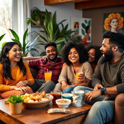 A vibrant gathering of friends in a cozy living room, enjoying each other's company