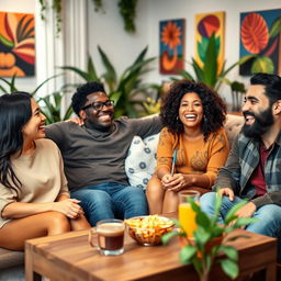 A vibrant gathering of friends in a cozy living room, enjoying each other's company