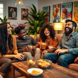 A vibrant gathering of friends in a cozy living room, enjoying each other's company
