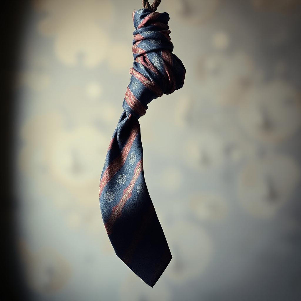 A noose made of fabric designed in a tie pattern, elegantly draped and displayed against a soft-focus background