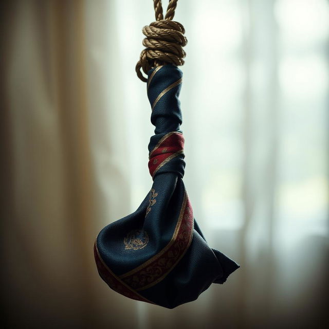 A noose made of fabric designed in a tie pattern, elegantly draped and displayed against a soft-focus background