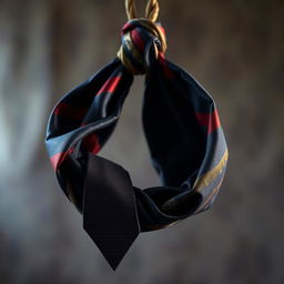 A noose made of fabric designed in a tie pattern, elegantly draped and displayed against a soft-focus background