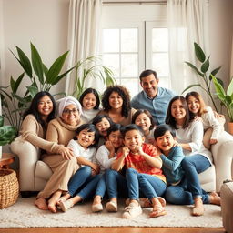 A warm and joyful family portrait featuring the Noorsalehi family, showcasing a diverse group of adults and children gathered in a bright, welcoming living room