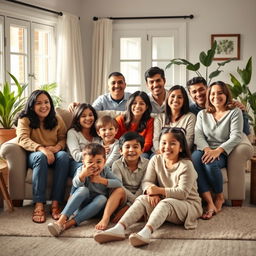 A warm and joyful family portrait featuring the Noorsalehi family, showcasing a diverse group of adults and children gathered in a bright, welcoming living room