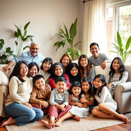 A warm and joyful family portrait featuring the Noorsalehi family, showcasing a diverse group of adults and children gathered in a bright, welcoming living room