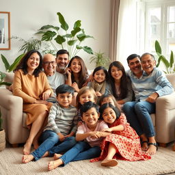 A warm and joyful family portrait featuring the Noorsalehi family, showcasing a diverse group of adults and children gathered in a bright, welcoming living room