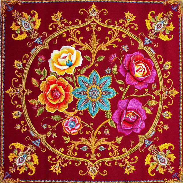 An intricate and detailed depiction of traditional Persian embroidery (سرمه دوزی), showcasing a variety of vibrant colors and delicate patterns