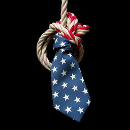 An execution rope crafted from a tie featuring the design of the American flag, artistically draped in a dramatic setting