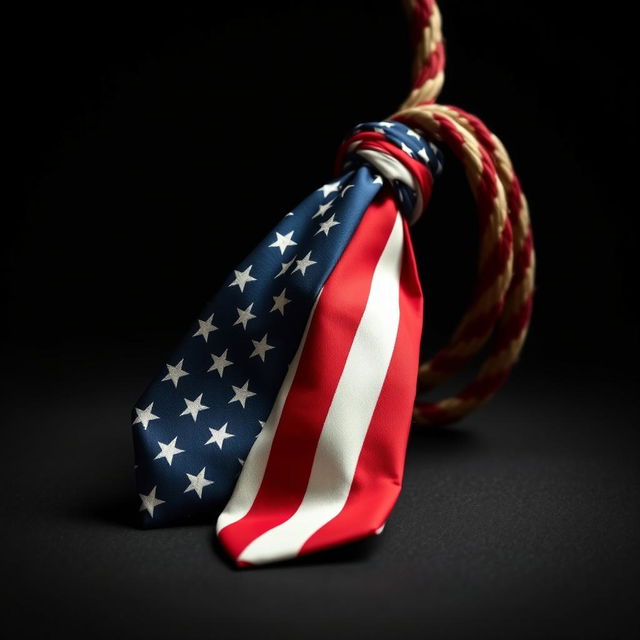 An execution rope crafted from a tie featuring the design of the American flag, artistically draped in a dramatic setting