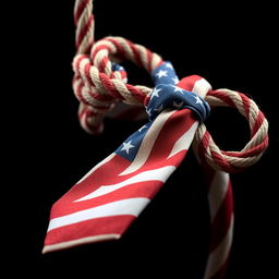 An execution rope crafted from a tie featuring the design of the American flag, artistically draped in a dramatic setting