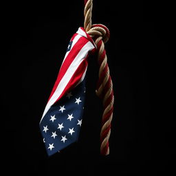 An execution rope crafted from a tie featuring the design of the American flag, artistically draped in a dramatic setting