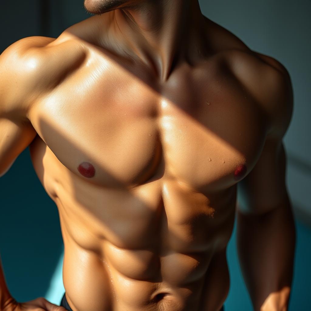 A striking close-up of a well-defined male torso, showcasing impressive muscle definition and a smooth, tanned skin tone