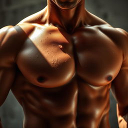A striking close-up of a well-defined male torso, showcasing impressive muscle definition and a smooth, tanned skin tone