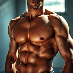 A striking close-up of a well-defined male torso, showcasing impressive muscle definition and a smooth, tanned skin tone