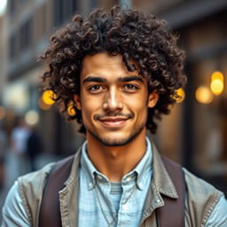 A striking portrait of a man with curly hair, showcasing his vibrant personality