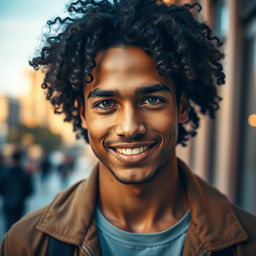 A striking portrait of a man with curly hair, showcasing his vibrant personality