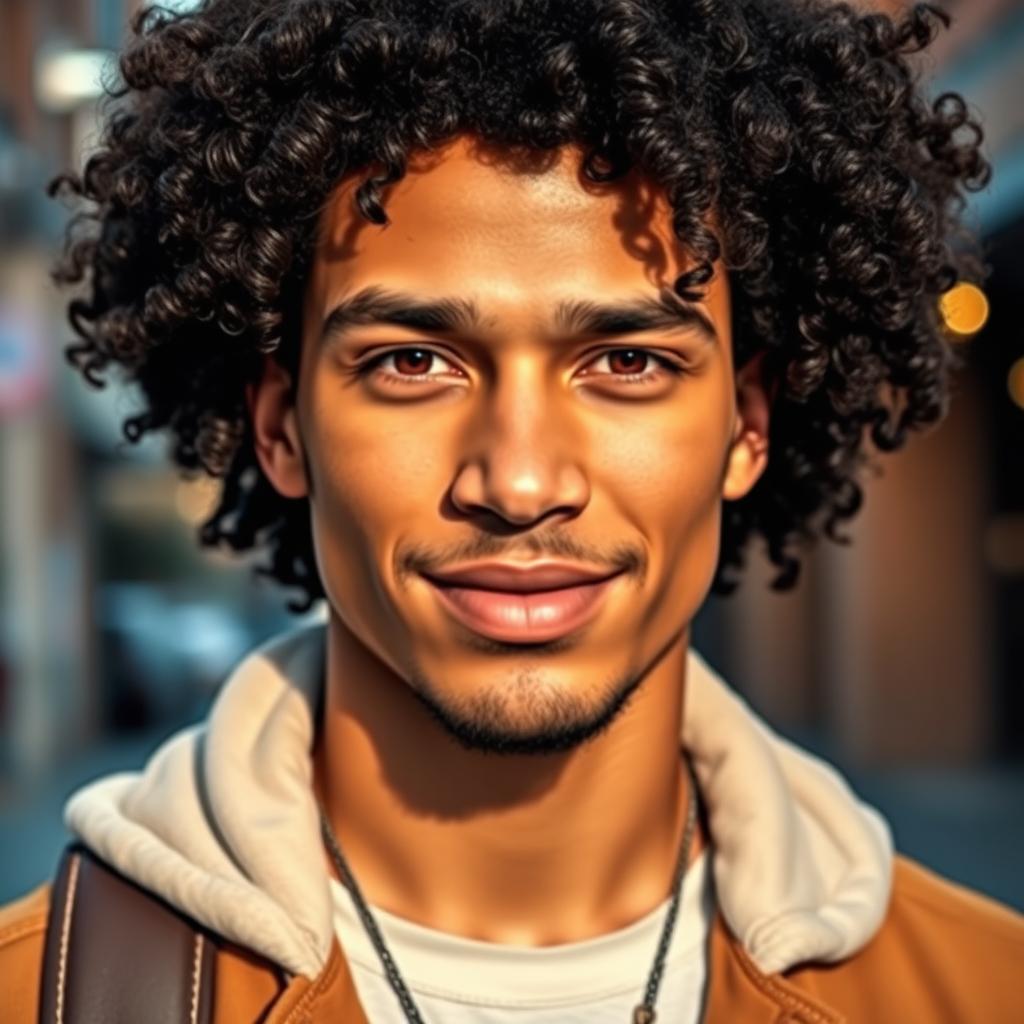 A striking portrait of a man with curly hair, showcasing his vibrant personality