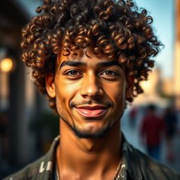 A striking portrait of a man with curly hair, showcasing his vibrant personality