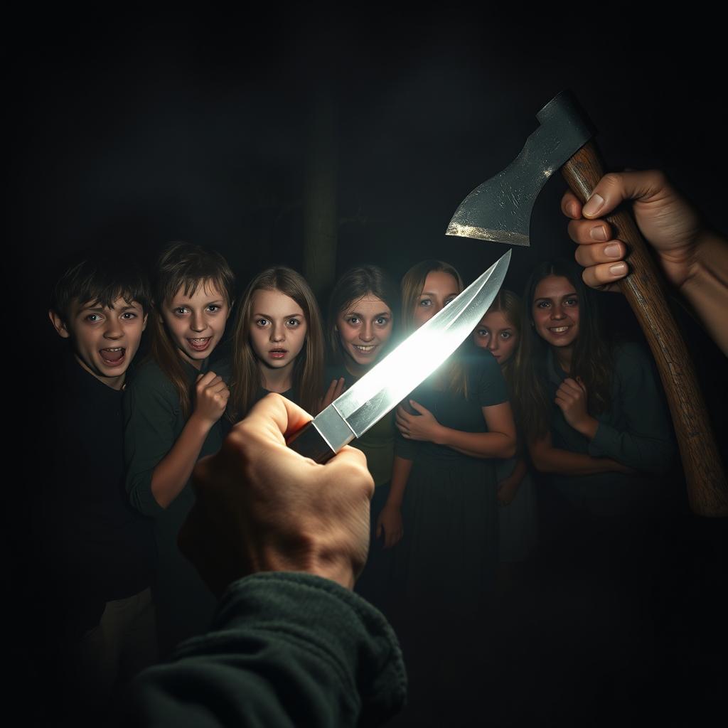 In a dark and eerie night, a thrilling scene unfolds with six frightened boys and six terrified girls huddled together, their expressions full of fear and desperation