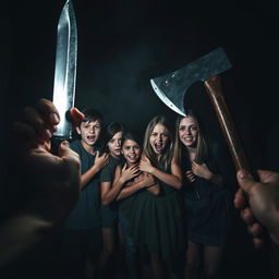 In a dark and eerie night, a thrilling scene unfolds with six frightened boys and six terrified girls huddled together, their expressions full of fear and desperation