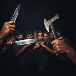 In a dark and eerie night, a thrilling scene unfolds with six frightened boys and six terrified girls huddled together, their expressions full of fear and desperation