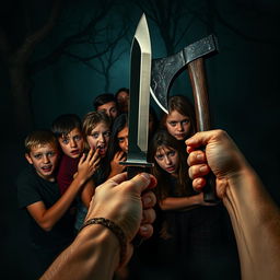 In a dark and eerie night, a thrilling scene unfolds with six frightened boys and six terrified girls huddled together, their expressions full of fear and desperation