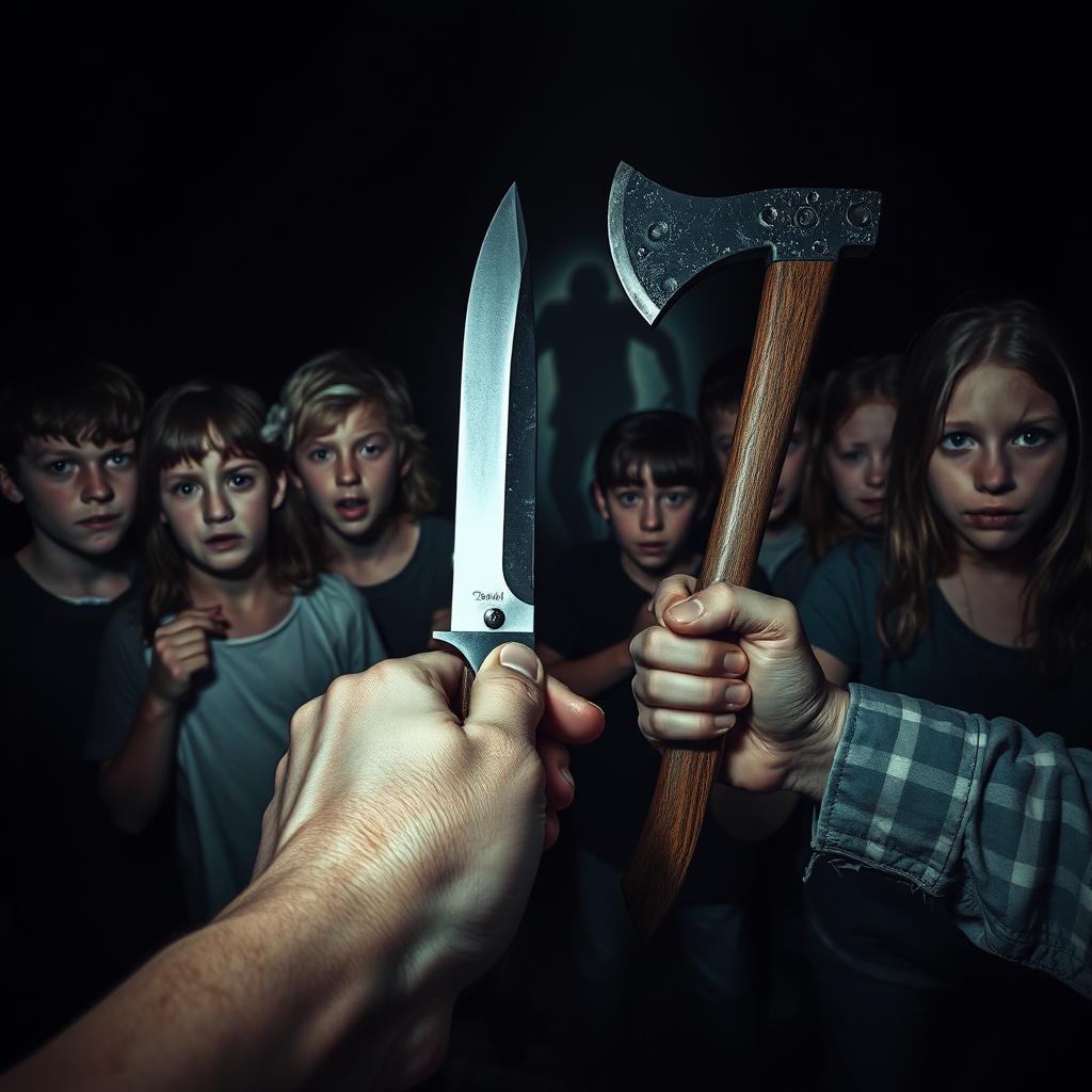 In a dark and eerie night, six boys and six girls are portrayed with expressions of fear and trepidation, scattered throughout the scene