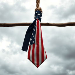 A noose designed to resemble a tie, made from fabric that is patterned with the American flag, hanging from a gallows