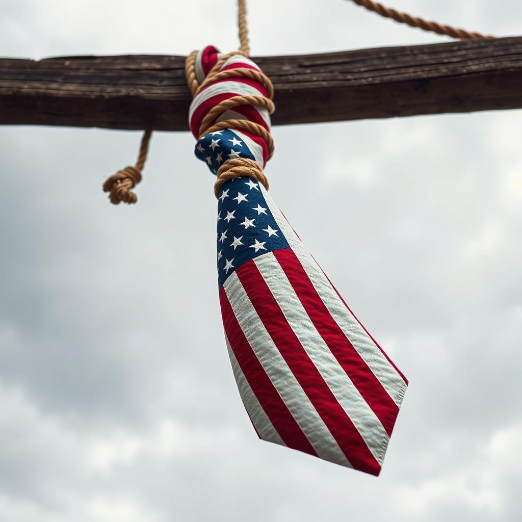 A noose designed to resemble a tie, made from fabric that is patterned with the American flag, hanging from a gallows