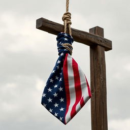 A noose designed to resemble a tie, made from fabric that is patterned with the American flag, hanging from a gallows