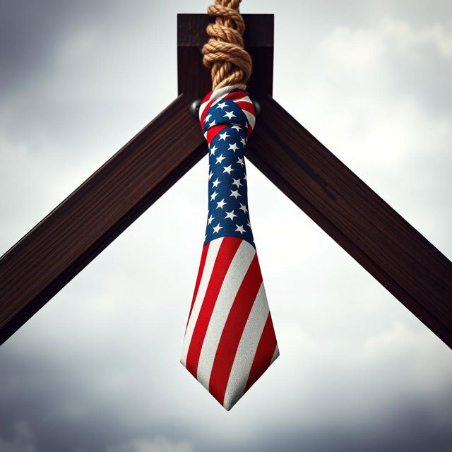 A noose designed to resemble a tie, made from fabric that is patterned with the American flag, hanging from a gallows