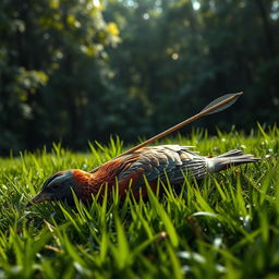 A dramatic and intense scene depicting a bird lying on the lush green grass, having been struck by an arrow