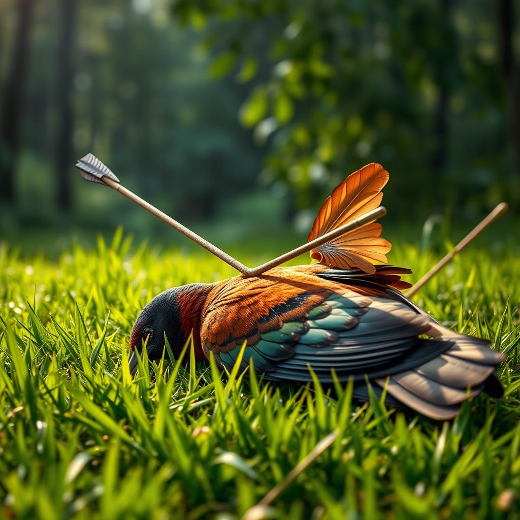 A dramatic and intense scene depicting a bird lying on the lush green grass, having been struck by an arrow