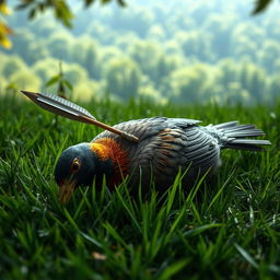 A dramatic and intense scene depicting a bird lying on the lush green grass, having been struck by an arrow
