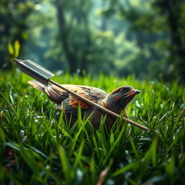 A dramatic and intense scene depicting a bird lying on the lush green grass, having been struck by an arrow